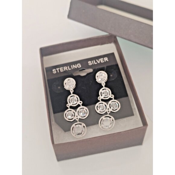 Sterling Silver 925 & Cubic Zirconia Statement Dangle Stud Earrings New in Box - Picture 1 of 7